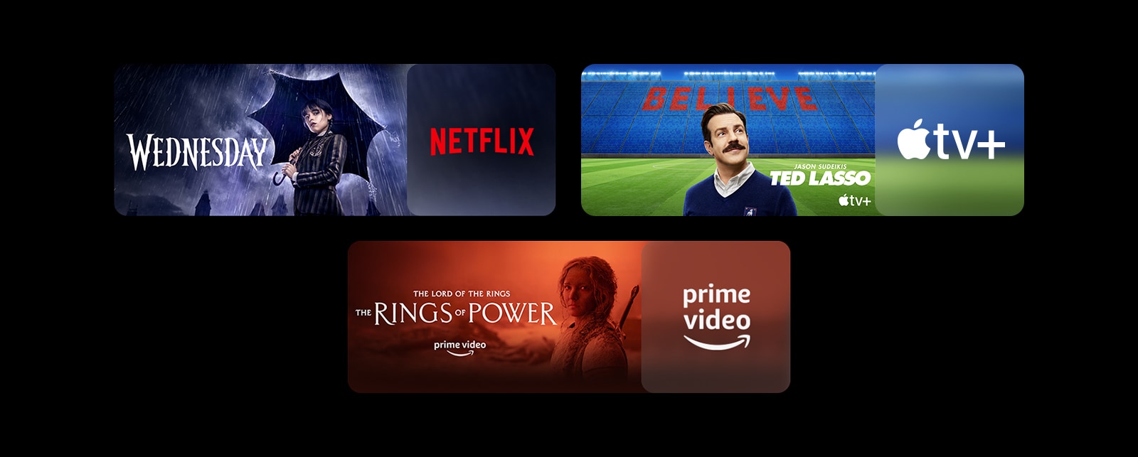 هناك ثلاثة مربعات صور - يحتوي كل منها على شعار منصة البث وصورة لقطات. شعار Netflix مع Wednesday، شعار Apple TV plus مع Ted lasso، شعار Prime Video مع The rings of power.