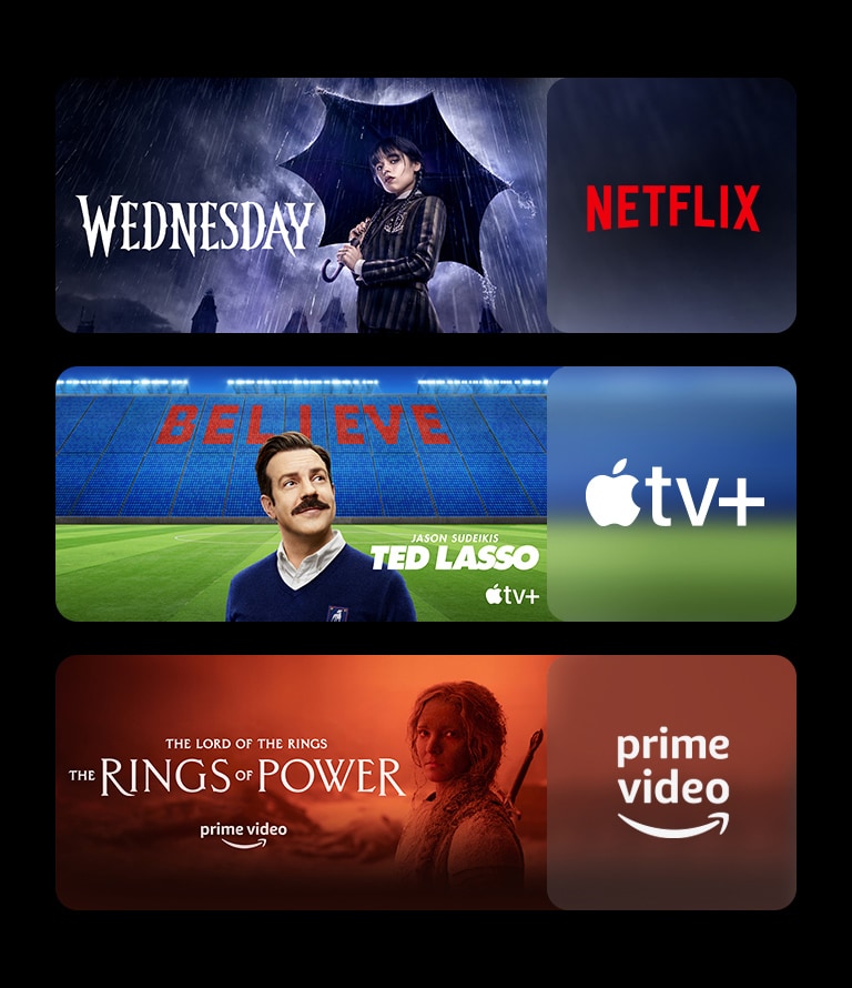 هناك ثلاثة مربعات صور - يحتوي كل منها على شعار منصة البث وصورة لقطات. شعار Netflix مع Wednesday، شعار Apple TV plus مع Ted lasso، شعار Prime Video مع The rings of power.