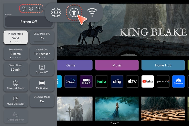 تكون شاشة webOS الرئيسية مرئية، وتظهر فوقها لقطة مقربة لرمز على شكل إنسان.