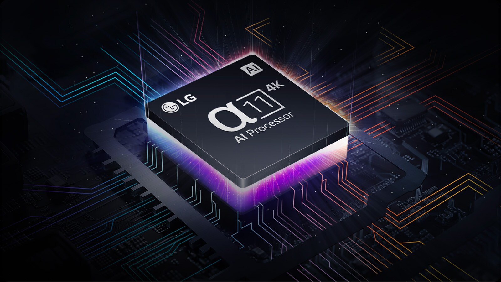 بالكاد يمكن رؤية معالج alpha 11 AI Processor 4K من LG وسط الظلام. يضيء معالج الذكاء الاصطناعي (AI Processor) باللون الأرجواني والوردي، وتنطلق منه آشعة ضوئية ملونة. يظهر المزيد من البراغي عبر لوحة التشغيل الأم، وتمتد أكثر.