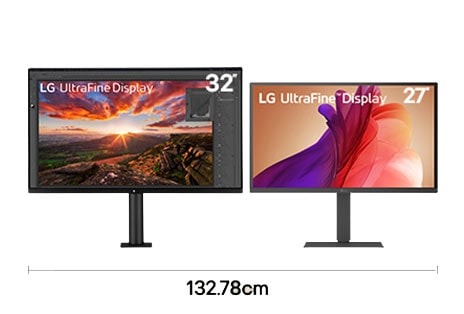 إعداد شاشتين، إحداهما مقاس 32 بوصة بدقة UHD والأخرى مقاس 27 بوصة بدقة 4K، مخصص لسير عمل البرمجة مع مكتب بعرض 132.78 سم