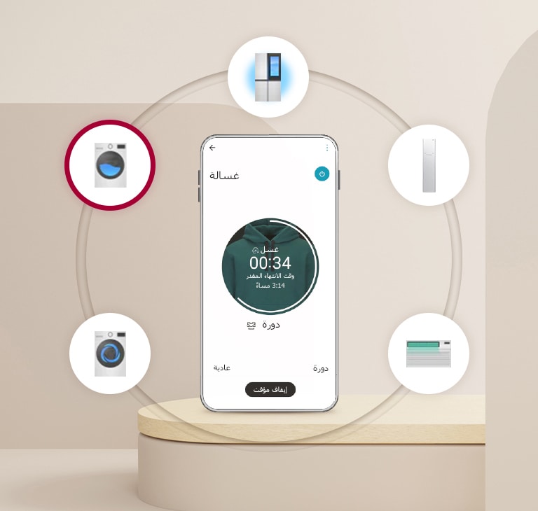 يوجد هاتف خلوي على الأرضية الدائرية في الخلفية البيج ويوجد صورة للأجهزة المنزلية في ست دوائر دائرية مع وجود الهاتف الخلوي في المنتصف