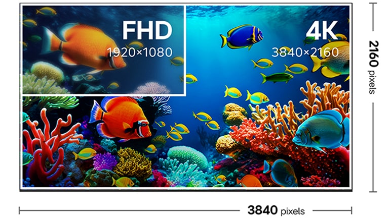 شاشة تلفزيون بدقة 4K تشير إلى أنها 3840 × 2160 بكسل. يوجد بداخله مربع أصغر يسمى FHD. يوضح هذا الفرق في الجودة وكثافة البكسل بين FHD و4K. 