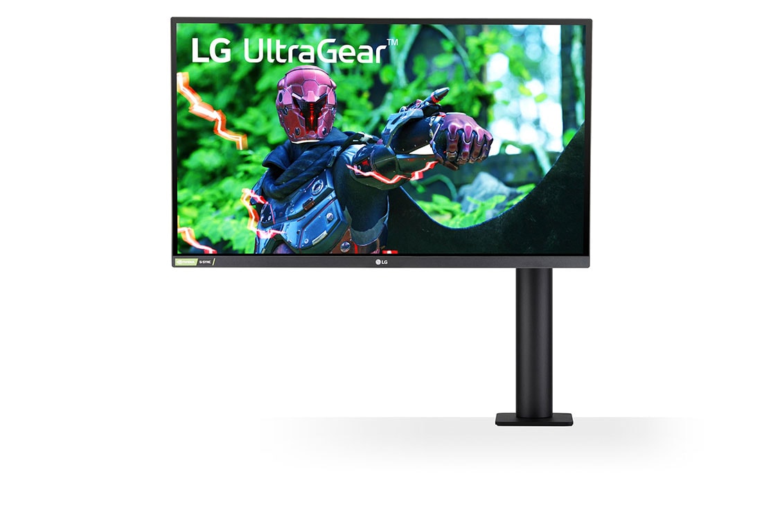 LG شاشة الألعاب Ergo مقاس 27 بوصة بتقنية UltraGear™ Nano IPS 1ms (GtG)، معدل تحديث 144 هرتز، تقنية AMD FreeSync، حامل مريح, منظر أمامي مع وجود ذراع الشاشة على اليمين, 27GN880-B