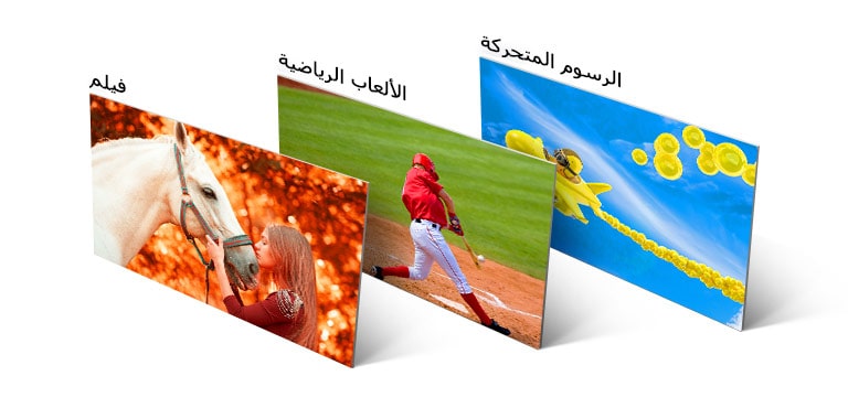 ثلاث صور، يظهر بإحداهن فتيات تقبلن حصاناً، وبالثانية لاعبة بيسبول تضرب الكرة، ويظهر بالثالثة طائرة متحركة تحلق في السماء.