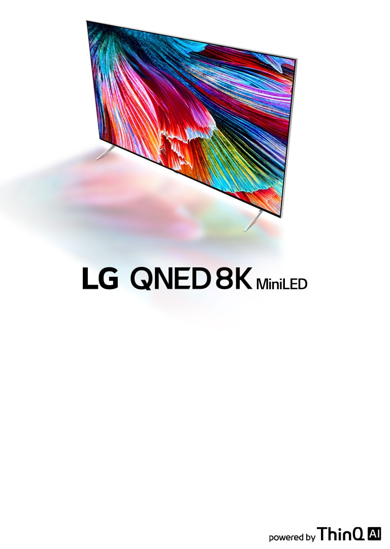 صورة LG QNED 8K MiniLED على خلفية بيضاء مع ألوان من الشاشة تنعكس على الأرض أمامها.