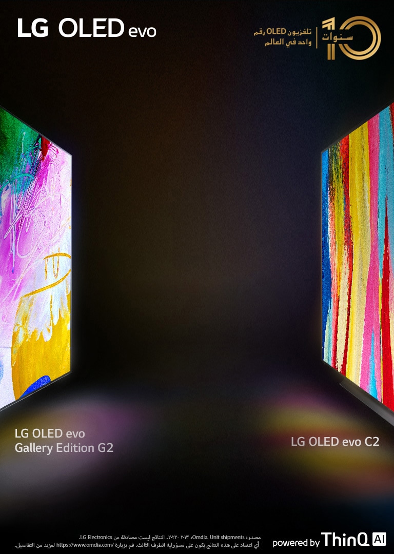 "منظر جانبي يوضح تلفزيون OLED C2 من إل جي وتلفزيون OLED G2 من إل جي إصدار المعرض يواجهان بعضهما البعض في غرفة مظلمة مع أعمال فنية مشرقة وملونة على شاشاتهما.	  "