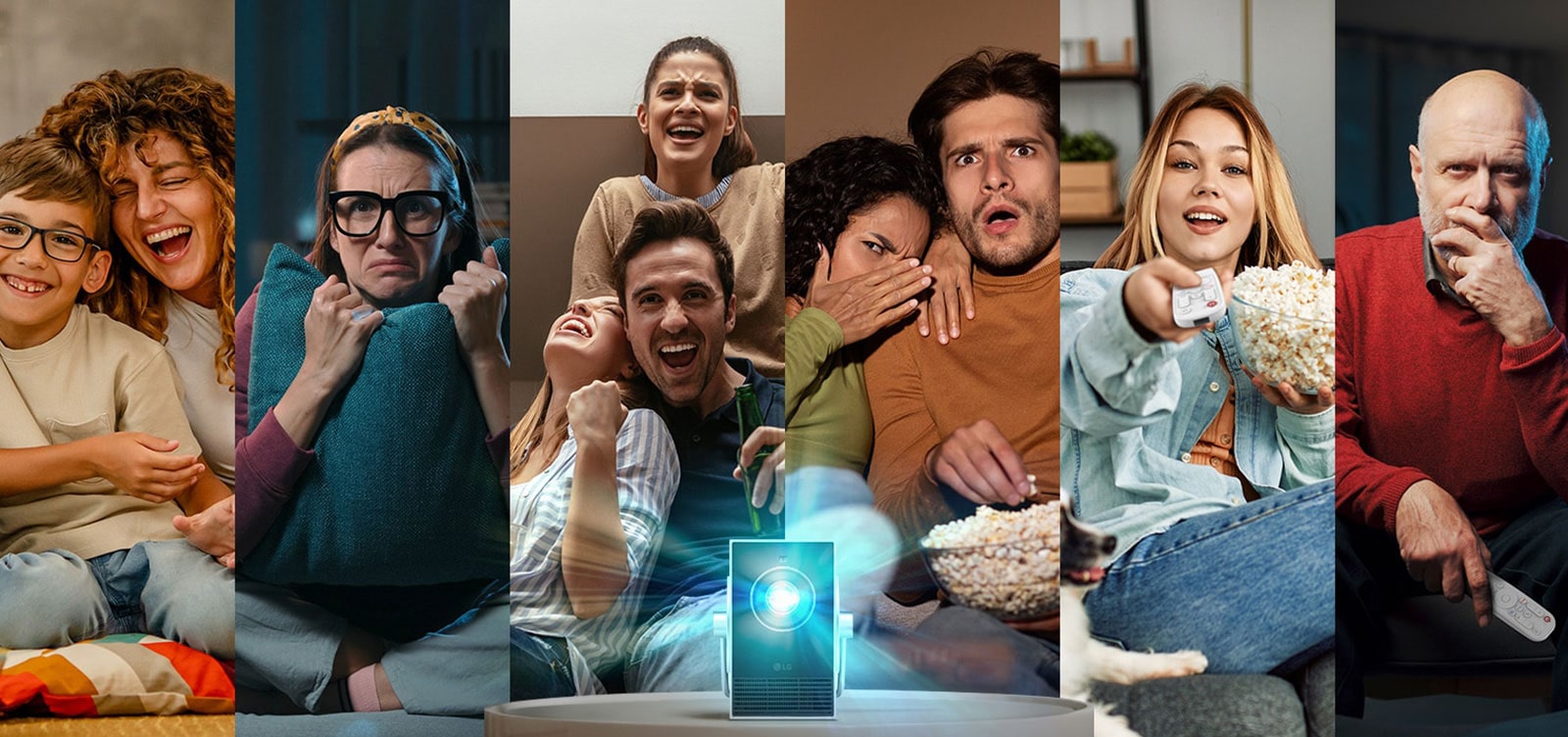 يعرض الفيديو تعابير وجه مختلفة لأشخاص يستمتعون بمحتوى يعرضه جهاز Cinebeam Q. ويعرض الفيديو بالترتيب: عائلة سعيدة مع طفل، وامرأة تشاهد بمفردها مع تعبيرات خوف ترتسم على وجهها، وأصدقاء يحتفلون بانتصار معًا، وزوجان يتشاركان لحظة مفاجأة، وامرأة تسترخي مع كلبها أثناء تناول الفشار، ورجل في منتصف العمر مع تعبيرات جادة.