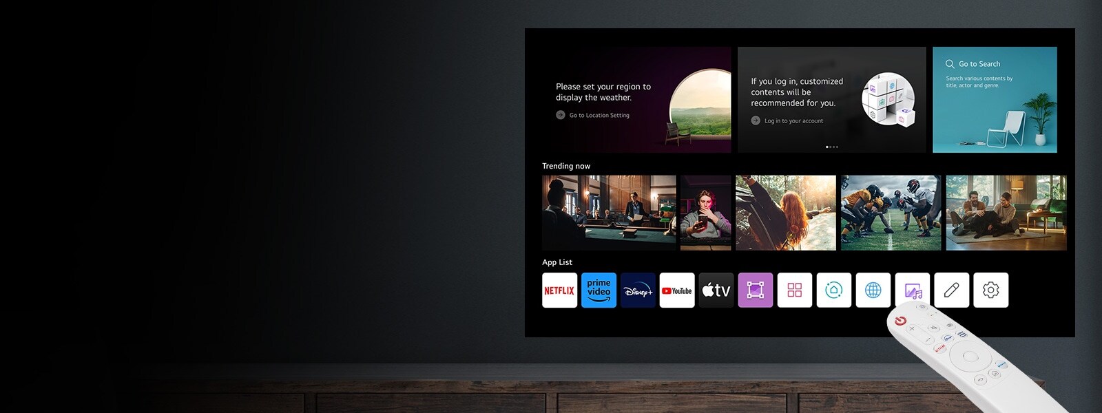 صورة لواجهة مستخدم webOS الرئيسية وجهاز التحكم عن بُعد.