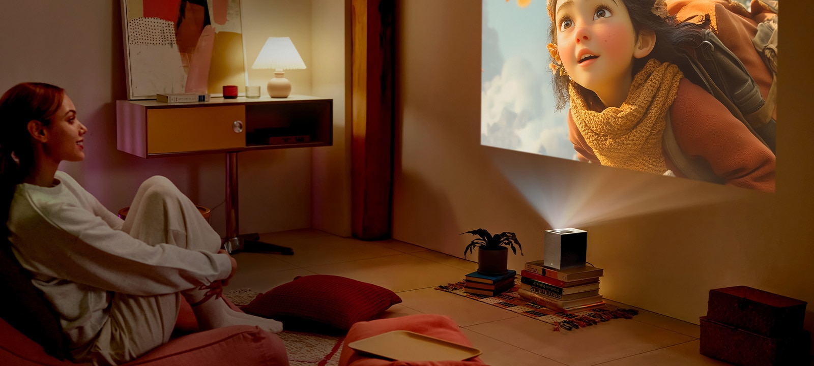 سيدة تشاهد فيلمًا باستخدام LG CineBeam.