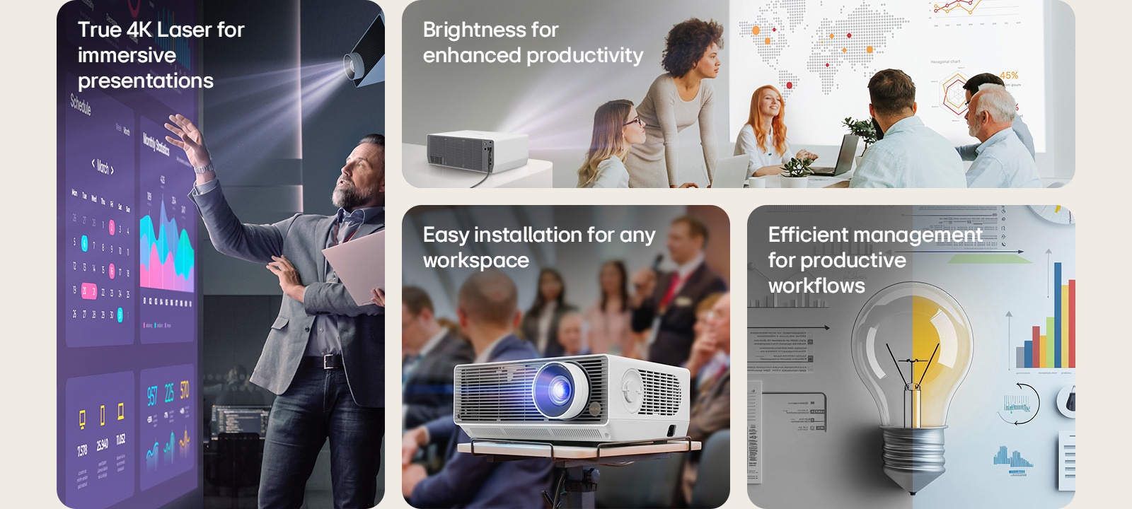 مجموعة تعرض ميزات LG ProBeam: عرض ليزر بدقة 4K للعروض التقديمية، وسطوع للإنتاجية، وسهولة التثبيت، وإدارة سير العمل بكفاءة.