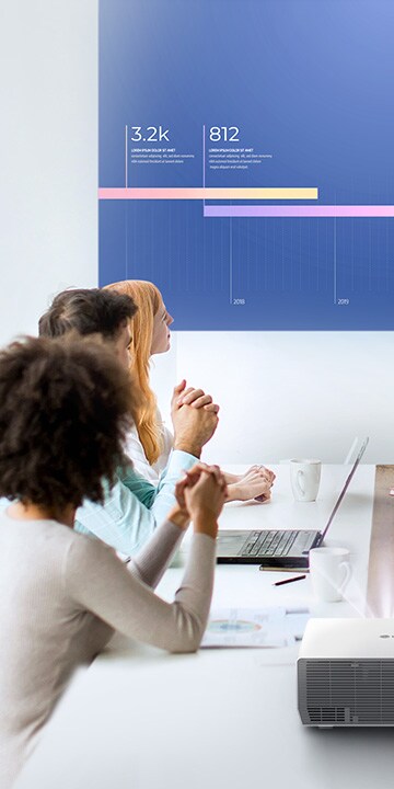 خمسة أشخاص يعقدون اجتماعًا في غرفة ساطعة، ويشاهدون شاشة نابضة بالحياة مع جهاز عرض LG ProBeam.