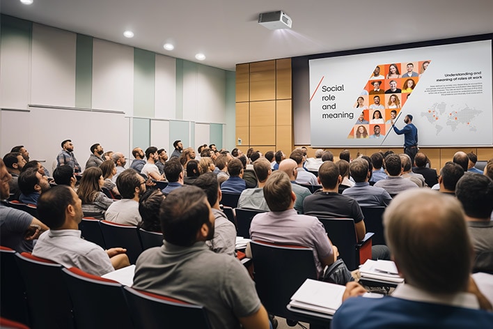 غرفة مؤتمرات مع حضور يشاهدون مقدمًا بجانب شاشة تعرض "الدور الاجتماعي والمعنى" مع لقطات رأس وخريطة عالم.