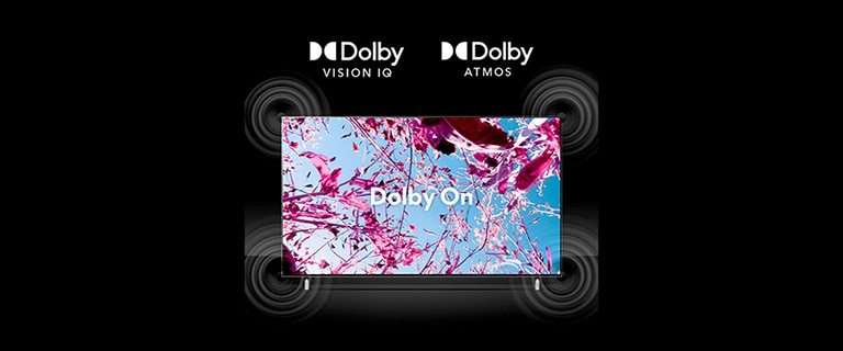 شاشة تلفزيون QNED تعرض زهرة اللفت الوردية في حقل صيفي، مع ظهور نص (Dolby OFF) في المنتصف . تصبح الصورة الداخلية أكثر إشراقًا ويتغير النص إلى (dolby on).