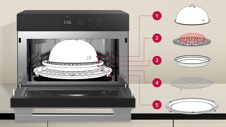 Image of a SolarDOM™ with a line drawing of a steam bowl with steam plate and steam cover on the low rack on the metal tray.