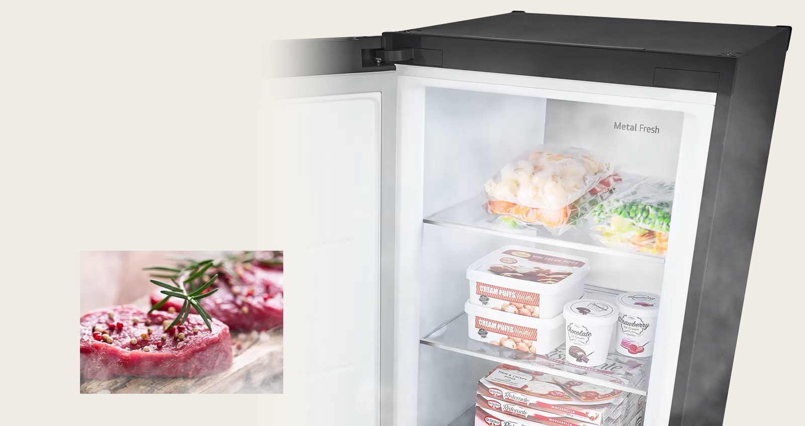 One image shows an open freezer filled with produce and cold air blowing throughout. The second image shows uncooked raw meat that has thawed and is ready to cook.