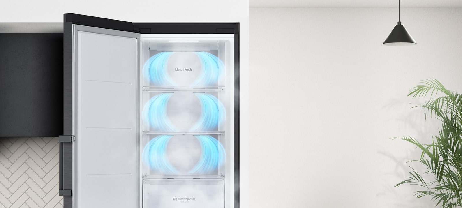 The freezer is shown with the door opening out. Blue air is blowing from the top of each section to completely surround the food that would be inside.