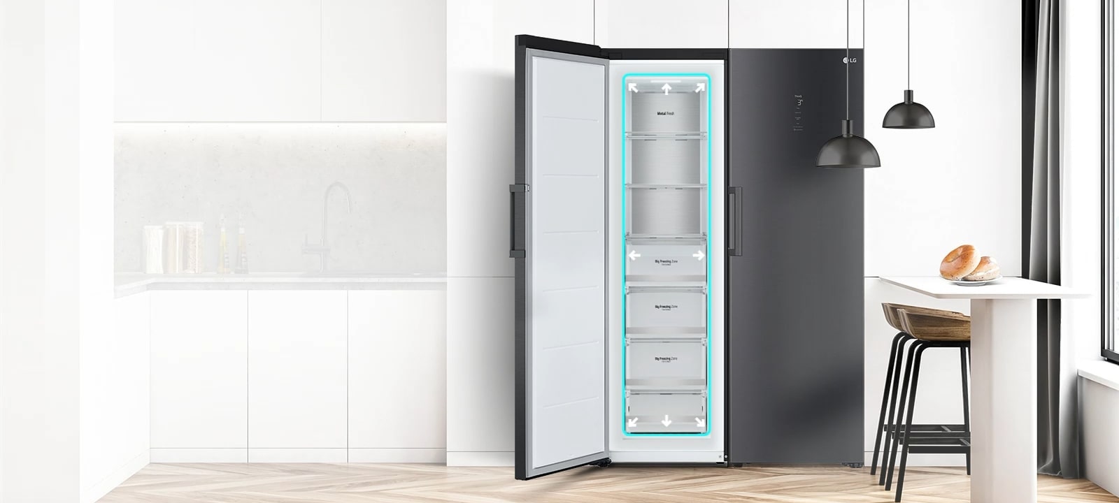 The freezer is shown from the front with the door open and a blue square and arrows pushing out highlighting the ample space inside.