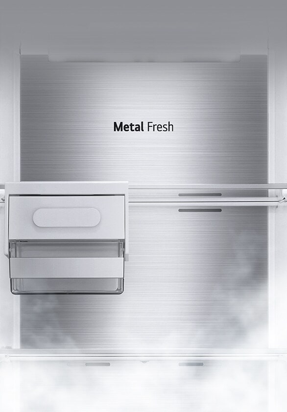 The interior of the fridge is shown empty with the ice rack and shelf in place and the back which is labeled "Metal Fresh".	