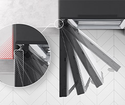 The freezer is shown from above with the door swinging out and stopped in four different places and a magnified inset of the hinges shows the hinge can be flush with the wall and never touch it when opening.