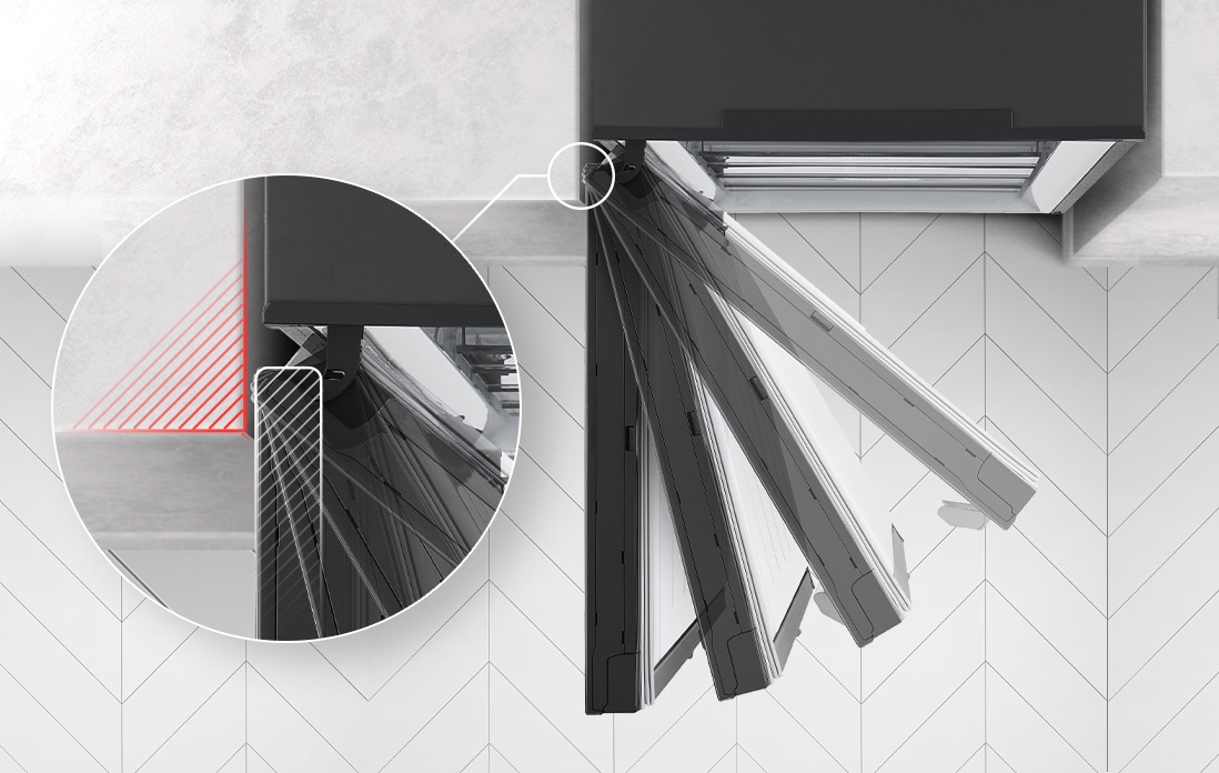 The freezer is shown from above with the door swinging out and stopped in four different places and a magnified inset of the hinges shows the hinge can be flush with the wall and never touch it when opening.