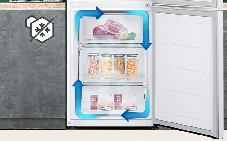 مُبرِّد مقاوم للتجمُّد مع تبريد متساوٍ وتدوير الهواء البارد للحفاظ على الطعام طازجًا في جميع الزوايا.