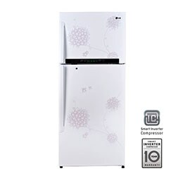 ثلاجة بمجمد علوي فسيح مع مكبس (كومبرسور) عاكس ذكي وتصميم أنيق بخليفة بيضاء تعلوها باقة زهور وردية2