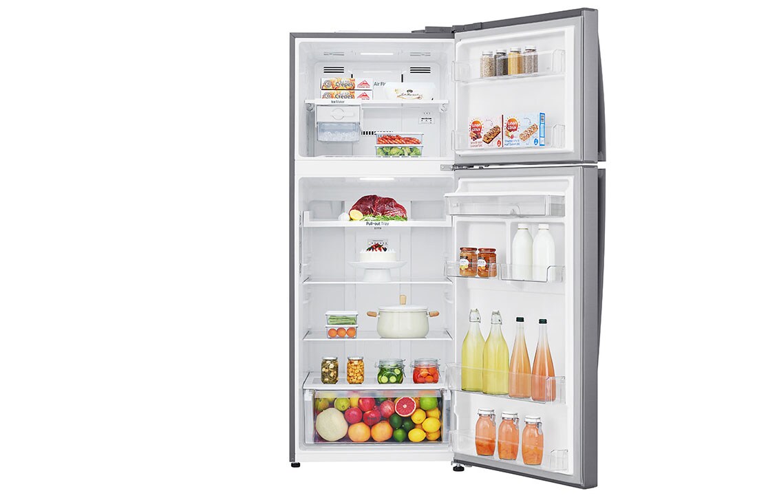 Lg ثلاجة بمجمدة علوية بلاتين فضي موزع مياه ضاغط طولي عاكس تقنية Doorcooling تدفق الهواء المتعدد التشخيص الذكي Lg الإمارات