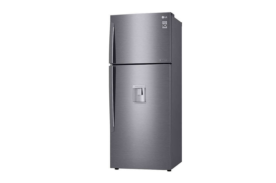 Lg ثلاجة بمجمدة علوية بلاتين فضي موزع مياه ضاغط طولي عاكس تقنية Doorcooling تدفق الهواء المتعدد التشخيص الذكي Lg الإمارات
