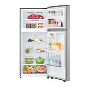 LG ثلاجة ™LG New Smart Inverter سعة 496 لتر بمجمد علوي, منظر أمامي مفتوح مع ظهور الطعام المخزن, GN-R702SFAH, thumbnail 2