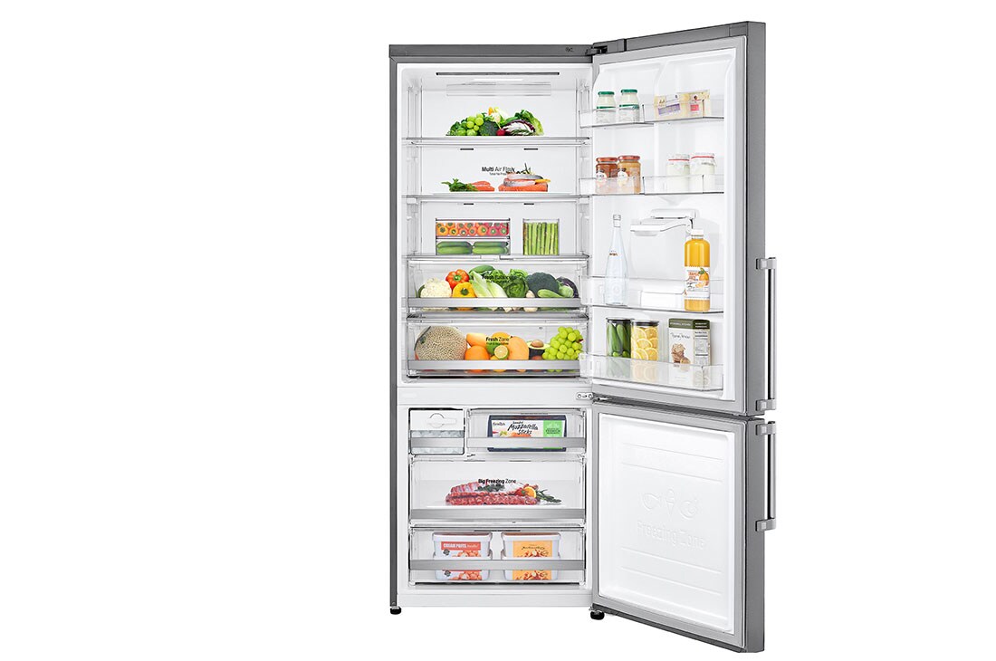 LG ثلاجة إل جي بمجمد سفلي سعة 500 لتر لون فضي بلاتيني, door open view with food, GR-F589BLCM, thumbnail 2