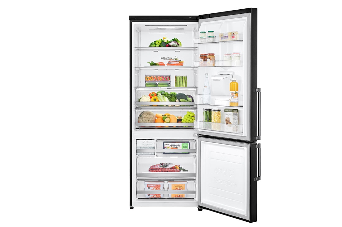 LG ثلاجة إل جي بمجمد سفلي سعة 500 لتر، لون أسود مطفي، بميزة تدفق الهواء المتعدد و ™Moist Balance Crisper, door open view with food, GR-F589BQCM, thumbnail 2