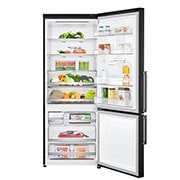 LG ثلاجة إل جي بمجمد سفلي سعة 500 لتر، لون أسود مطفي، بميزة تدفق الهواء المتعدد و ™Moist Balance Crisper, door open view with food, GR-F589BQCM, thumbnail 2