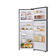 LG ثلاجة إل جي بمجمد علوي سعة 375 لتر لون فضي مع ™LinearCooling وضاغط ™Smart Inverter, عرض أمامي لثلاجة مفتوحة يظهر الطعام المخزن فيها, GR-B642PGFK, thumbnail 2