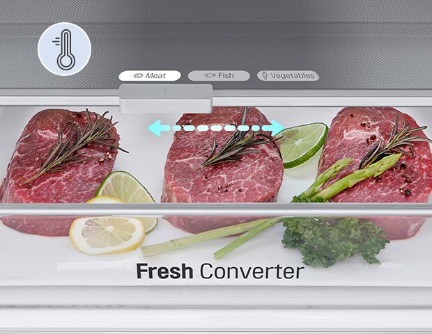 صورة مقربة لـ fresh converter مملوء باللحوم، مضبوط على درجة حرارة مناسبة للحوم بين خيارات اللحوم والأسماك والخضروات.	