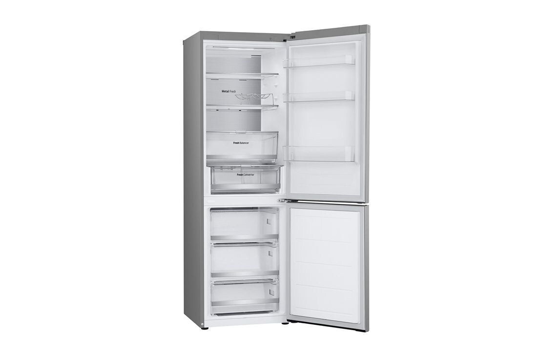 LG ثلاجة NatureFRESH™ بسعة 344 لترًا مع تقنيات LinearCooling™ وDoorCooling+™ وضاغط Smart Inverter™ وتقنية Metal Fresh™ باللون الفضي الأنيق, side open with noting view, GR-B459FMFW, thumbnail 11