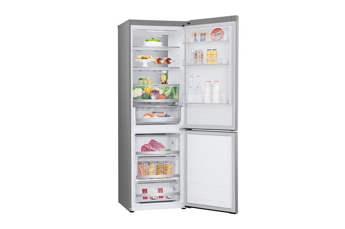 LG ثلاجة NatureFRESH™ بسعة 344 لترًا مع تقنيات LinearCooling™ وDoorCooling+™ وضاغط Smart Inverter™ وتقنية Metal Fresh™ باللون الفضي الأنيق, side open with food view, GR-B459FMFW, thumbnail 12