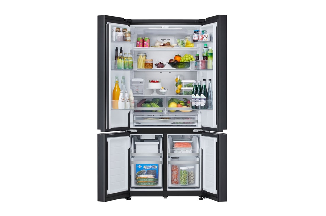 LG ثلاجة 619 لتر متعددة الأبواب بتصميم أنيق من الزجاج الأسود, صورة أمامية للمنتج مفتوحًا مع ظهور الطعام المخزن, GR-B30FFGPB, thumbnail 2