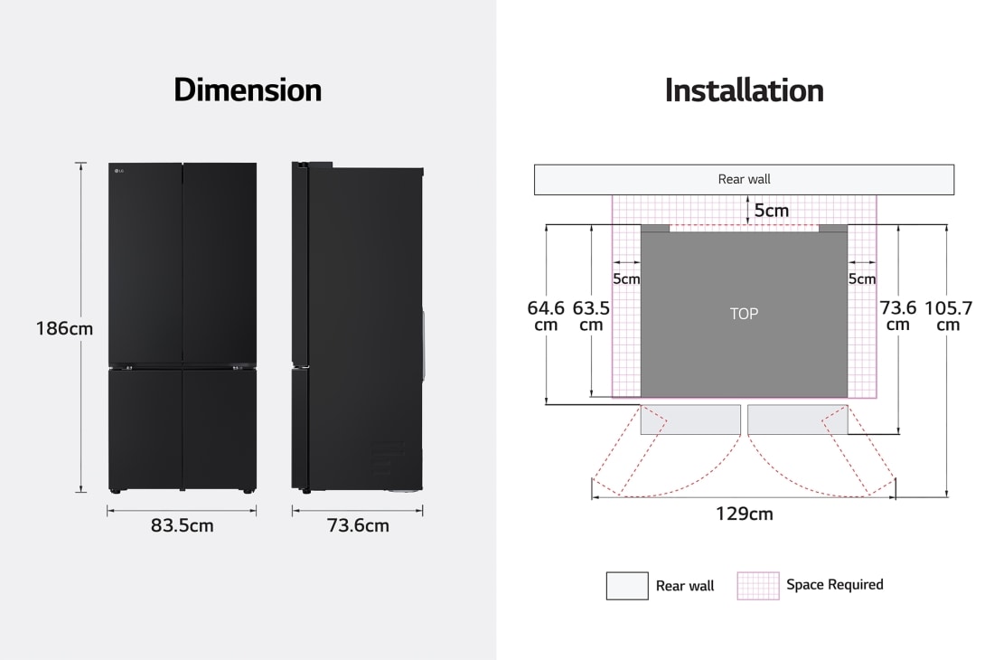 LG ثلاجة 619 لتر متعددة الأبواب بتصميم أنيق من الزجاج الأسود, صورة للأبعاد ودليل التركيب, GR-B30FFGPB, thumbnail 6