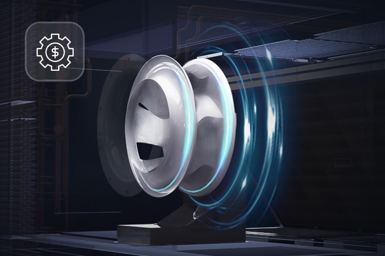 محرك Direct Drive Fan Motor مع تأثيرات ضوئية زرقاء، محاطة بخلفية داكنة. تظهر أيقونة الترس في الزاوية العلوية اليسرى.