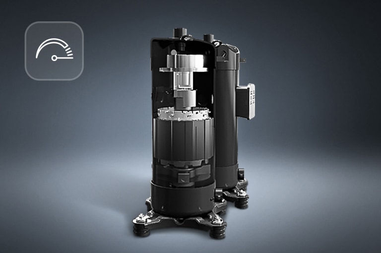 لقطة مقطوعة للضاغط العاكس (LG Inverter Compressor). في الزاوية العلوية اليسرى، توجد أيقونة مقياس ترمز إلى السرعة.