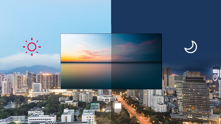 تعرض الصورة اليسرى شاشة ساطعة مع مشهد نهاري، بينما تعرض الصورة اليمنى شاشة خافتة مع مشهد مسائي. وهذا يوضح توفير الطاقة من خلال ضبط السطوع التلقائي بناءً على البيئة المحيطة.