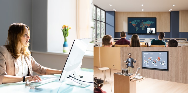 يوضح هذا الرسم التوضيحي مسؤول يدير لوحات LG CreateBoards، ولوحات رقمية تفاعلية مثبتة في فصول دراسية مختلفة باستخدام LG ConnectedCare (ترخيص DMS).