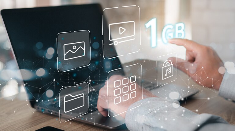 يمكن الوصول إلى صندوق الملفات، وهي ميزة تخزين لتسجيل المحتوى أو تثبيت التطبيق، من خلال LG ConnectedCare (ترخيص DMS). توفر مساحة تخزين تصل إلى 1 جيجابايت، كما هو موضح في هذه الصورة.