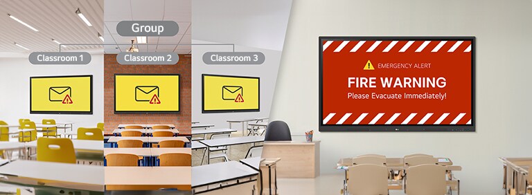 تتمثل إحدى المزايا الرئيسية لـ LG ConnectedCare (ترخيص DMS) في قدرة المسؤولين على إرسال رسائل تحذير الطوارئ في الوقت الفعلي إلى العديد من لوحات LG CreateBoards أو شاشات اللافتات الرقمية في المدارس. توضح هذه الصورة هذه القدرة.