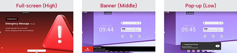 باستخدام إعدادات CAP، يتم إرسال إنذارات أو تحذيرات الطوارئ تلقائيًا إلى الأجهزة أثناء الكوارث. بناءً على درجة الضرورة والشدة، يتم عرض الرسائل في وضع ملء الشاشة أو في المنتصف أو في أسفل الشاشة. توضح هذه الصورة مثل هذا السيناريو.