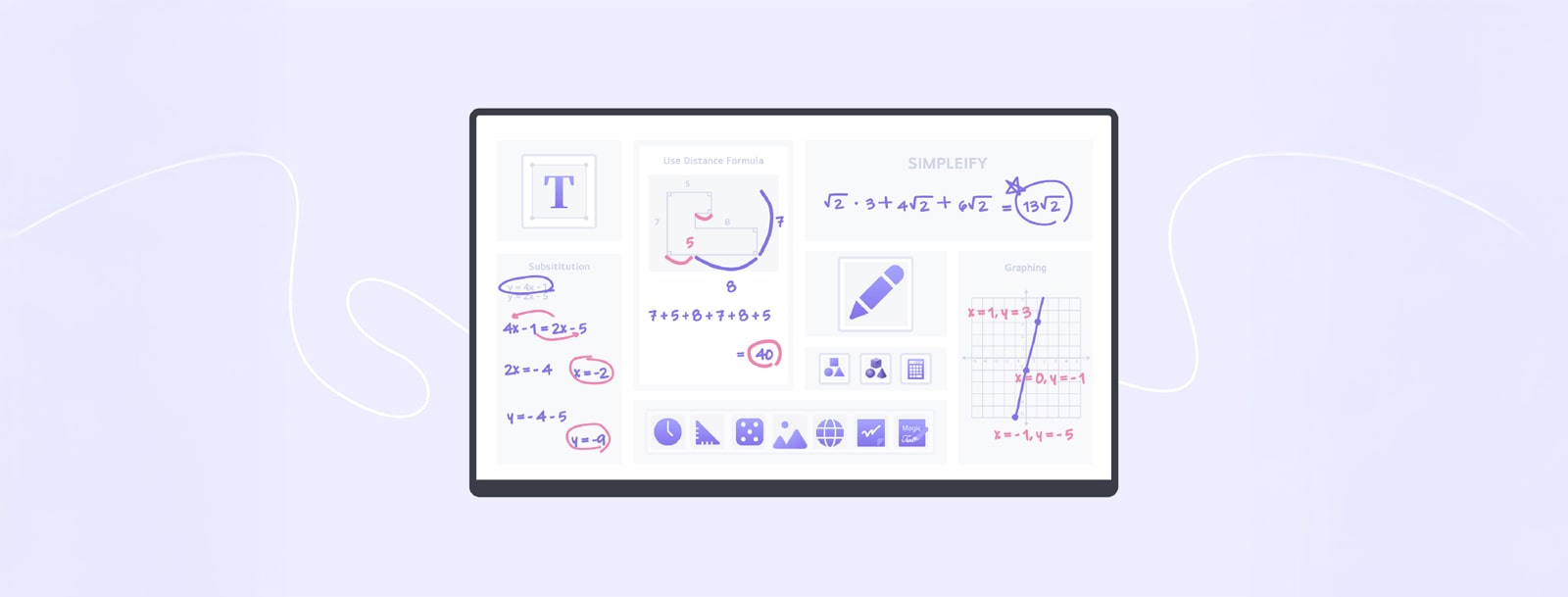 مشهد يصور محتوى مختلفًا مكتوبًا بخط اليد، مثل الصيغ والرسوم البيانية، تتم إضافته إلى لوحة ذكية.