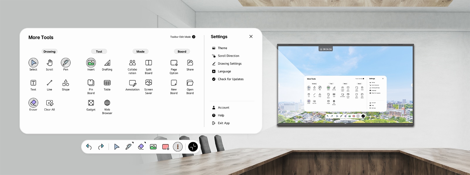 صورة مقربة لمخطط قائمة أدوات LG CreateBoard Lab، مما يسلط الضوء على تصميمه سهل الاستخدام.