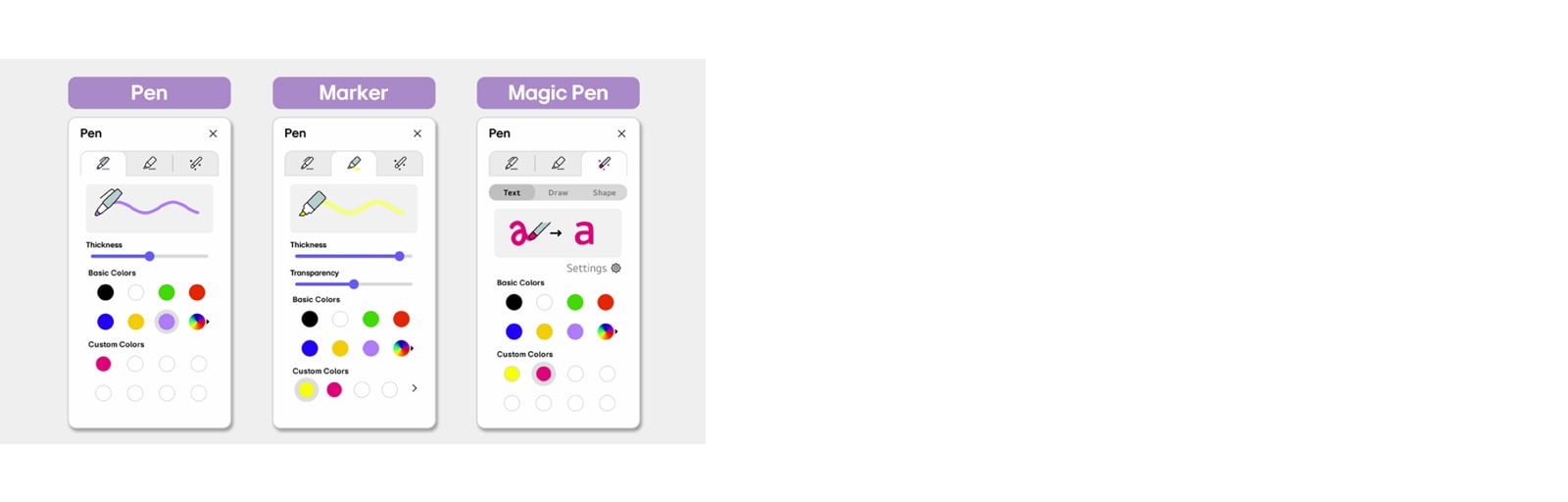 صورة للإعداد الخاص بأدوات القلم والمؤشر والقلم السحري (Magic Pen).