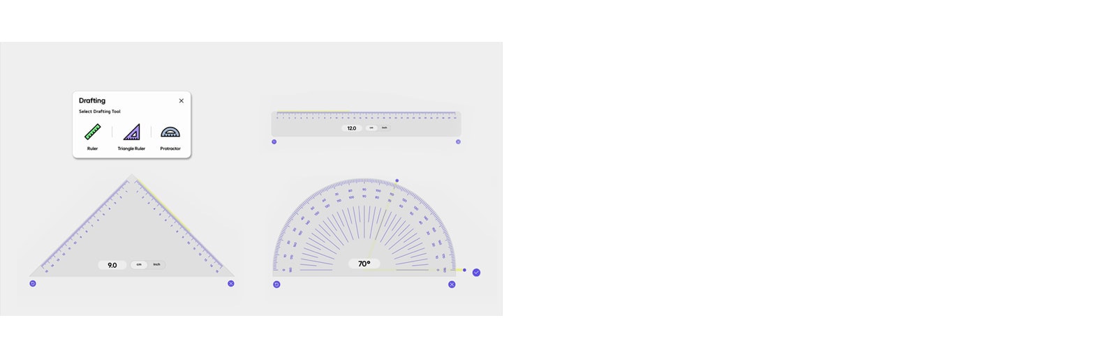 عرض للمسطرة الرقمية والمسطرة المثلثية من LG CreateBoard Lab قيد الاستخدام.